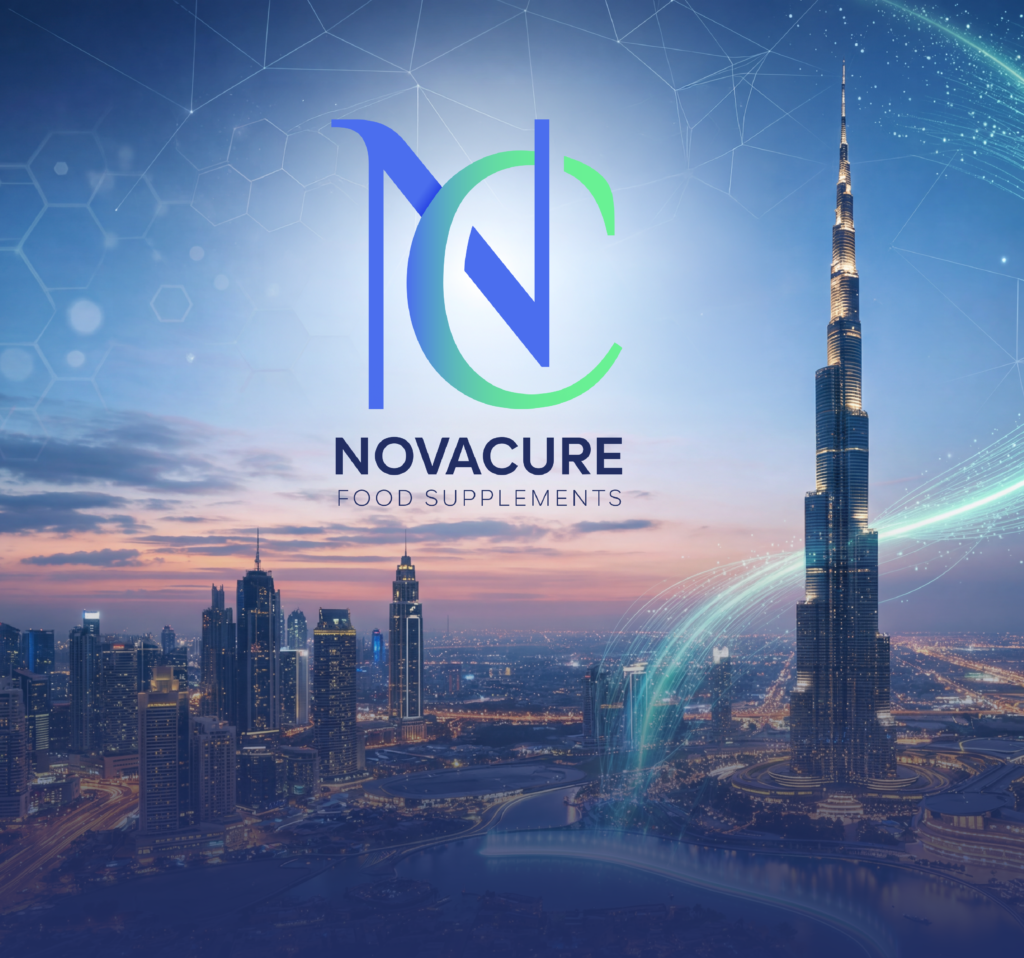 Novacure healthcare brand logo over Dubai skyline representing innovation in medical and wellness solutions